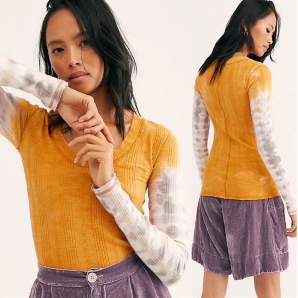 We The‎ Free Big Sur Top Medium Ribbed Knit Long Sleeve Tie Dye Mustard Yellow